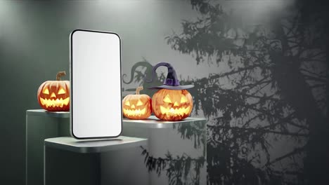 Smartphone-mockup-with-three-jack-o'-lanterns,-on-black-background