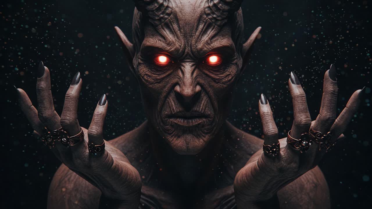 A Sinister Entity Revealed: A Captivating Close-Up of a Dark Figure with Glowing Red Eyes and Intricate Horns, Emphasizing a Haunting Transformation in the Shadows