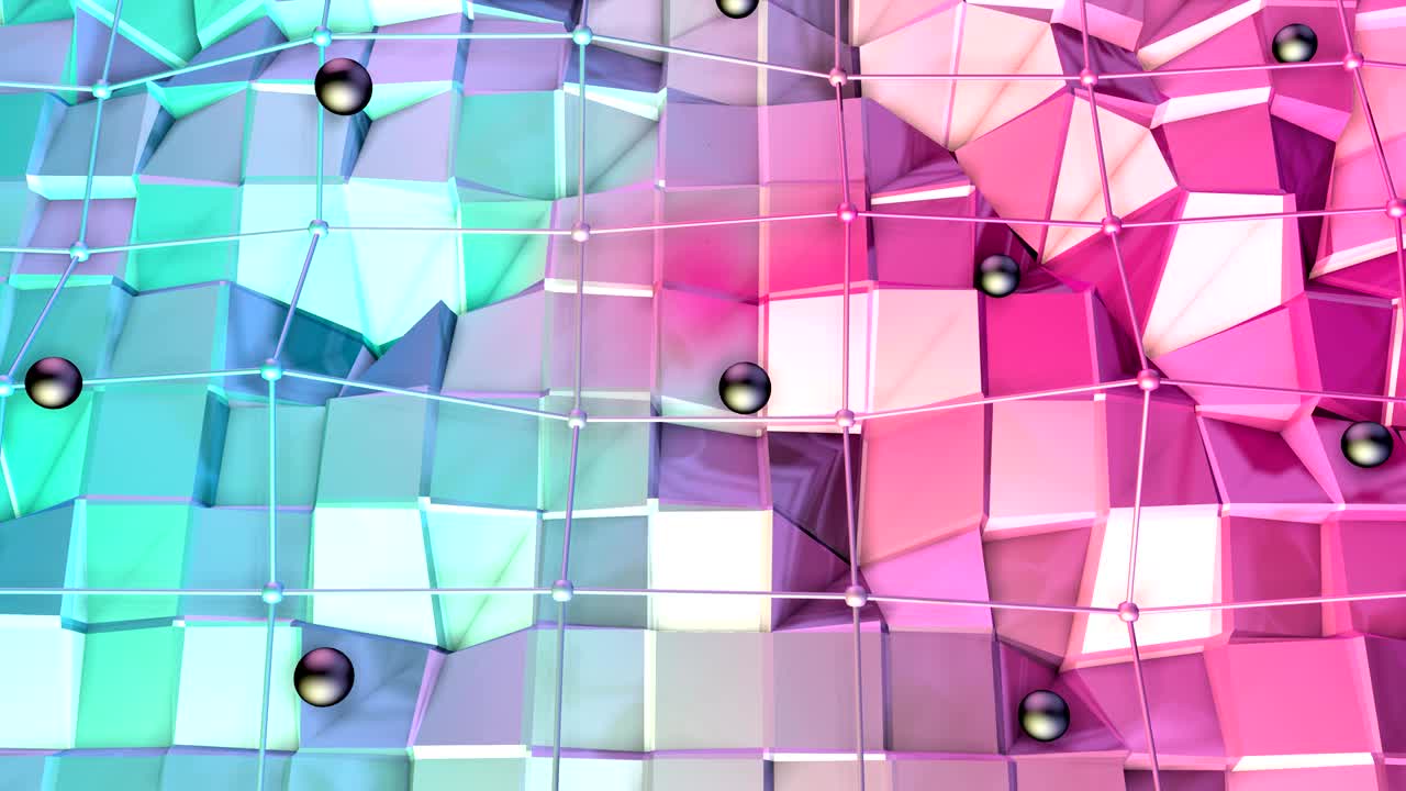 Low poly 3D surface with flying grid or mesh and black spheres as environment. Soft geometric low poly background of pure blue pink red polygons. 4K Fullhd seamless loop background