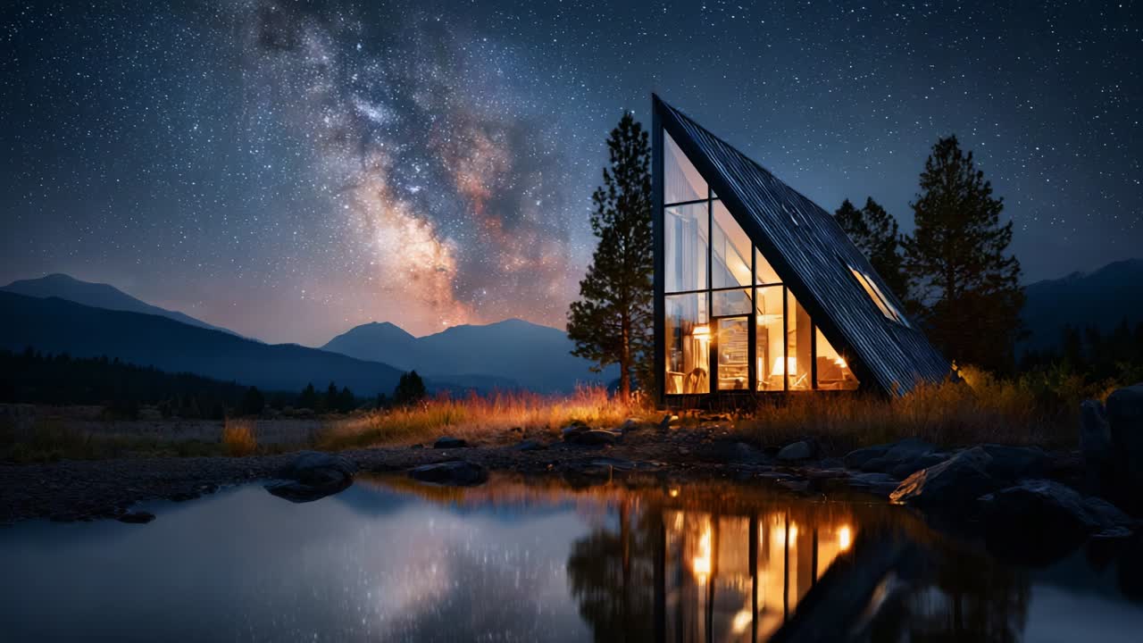 Stunning View of a Modern A-Frame Cabin Surrounded by Nature, Reflecting the Starry Sky and Milky Way Over a Peaceful Lake, Offering a Serene Escape into the Wilderness at Night