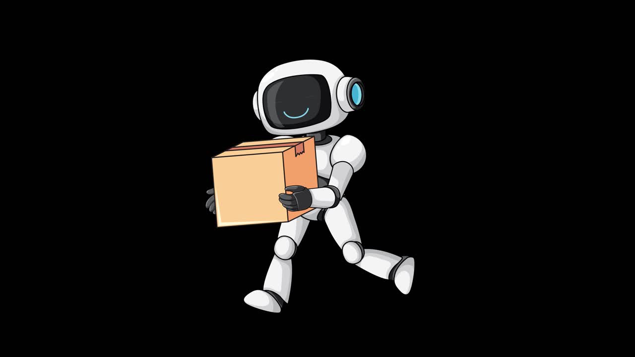 Personaggio robot animato che cammina fluidamente tenendo una scatola, vista laterale, loop continuo, sfondo nero