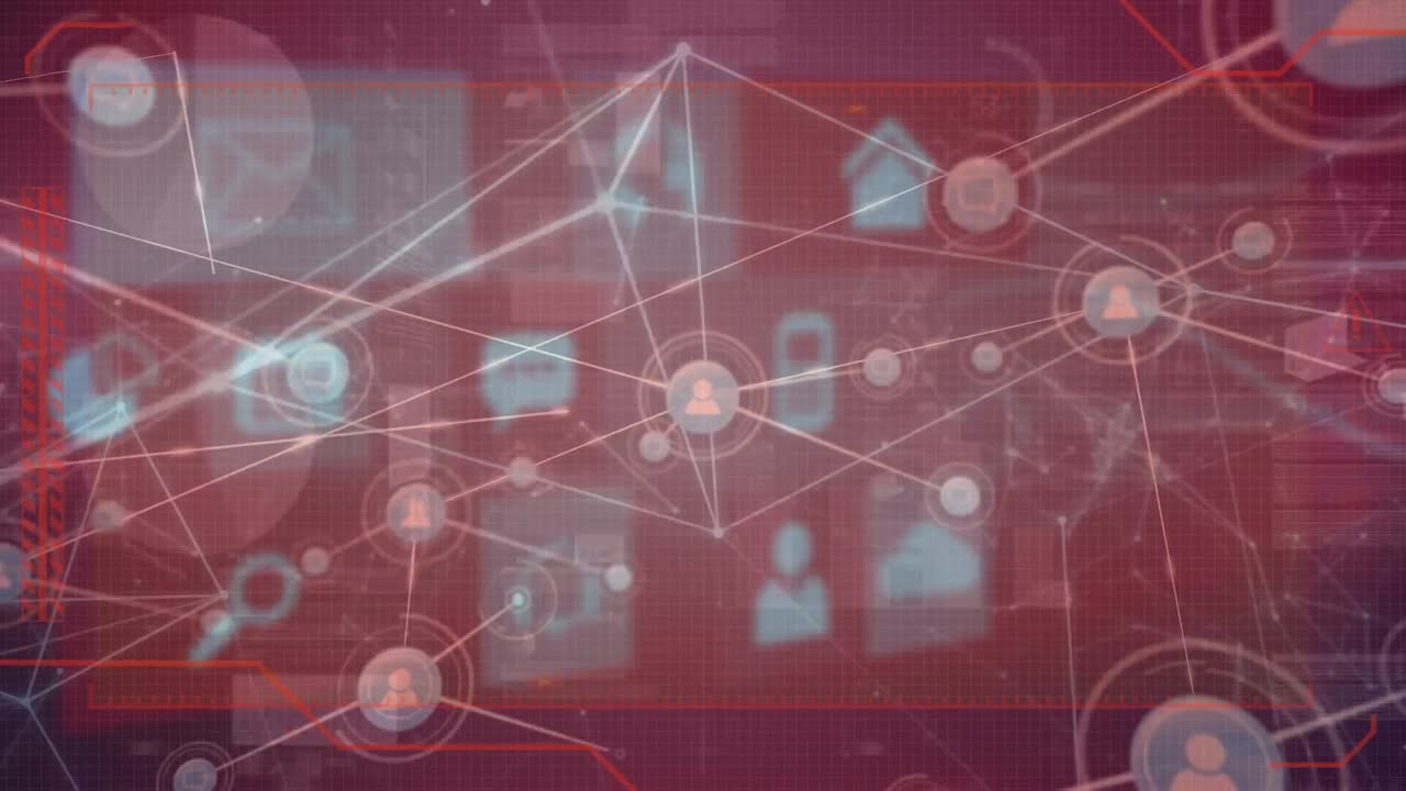 animación de la red de conexiones con iconos sobre pantalla roja con datos diversos