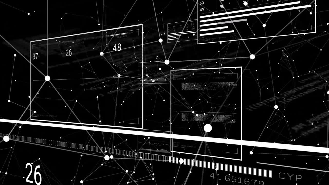 Node network appearing, panel emerging, panels updating numbers, charts, retracting for analytics