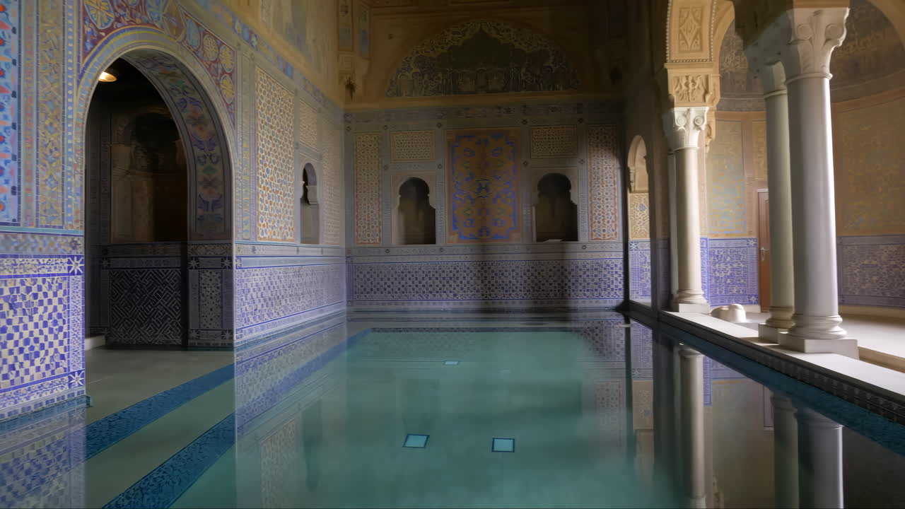 Sontuosa piscina interna moresca con acqua riflettente e piastrellatura intricata