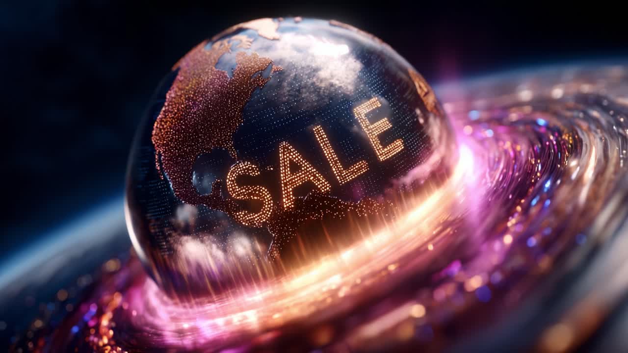 A captivating digital depiction of a glowing globe featuring the word 'SALE', spinning amidst a swirling cosmic backdrop, representing a modern approach to global commerce and marketing innovation