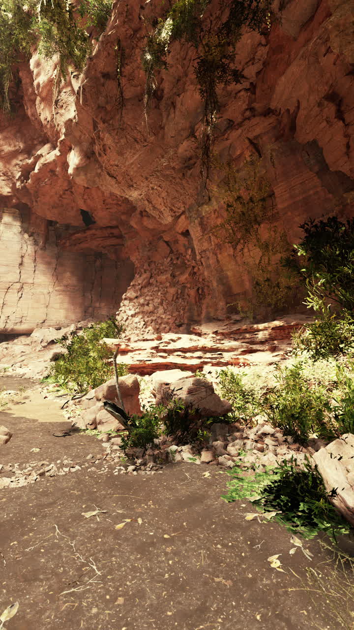 un estrecho cañón con una ruina de piedra