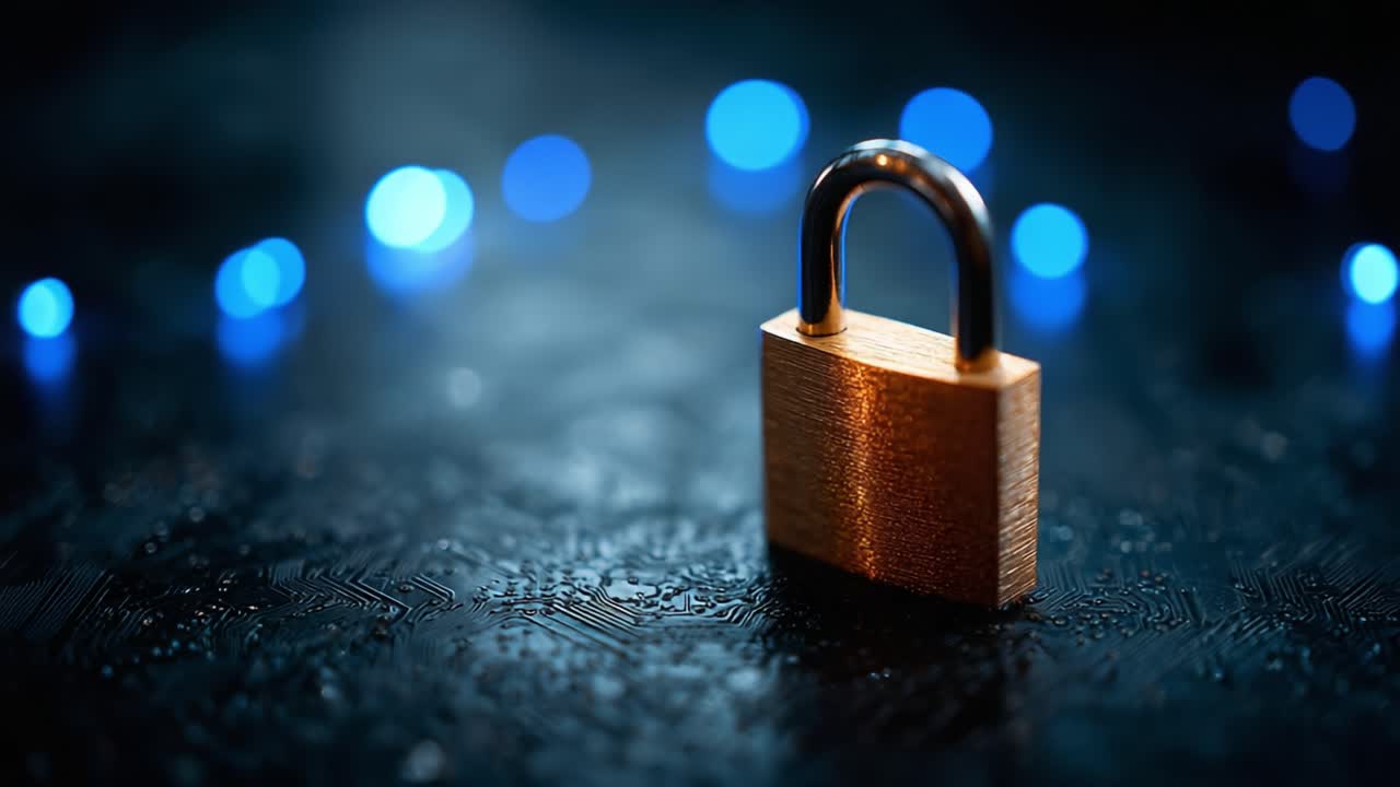 A Stunning Close-Up of a Gold Padlock Set Against a Mysterious Blue Background, Symbolizing Security and Protection in a Digital Age, Captivating in Its Reflection and Shine