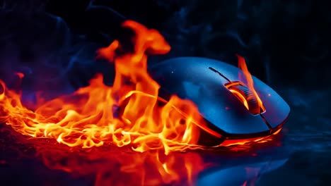 a computer mouse on fire on a black surface