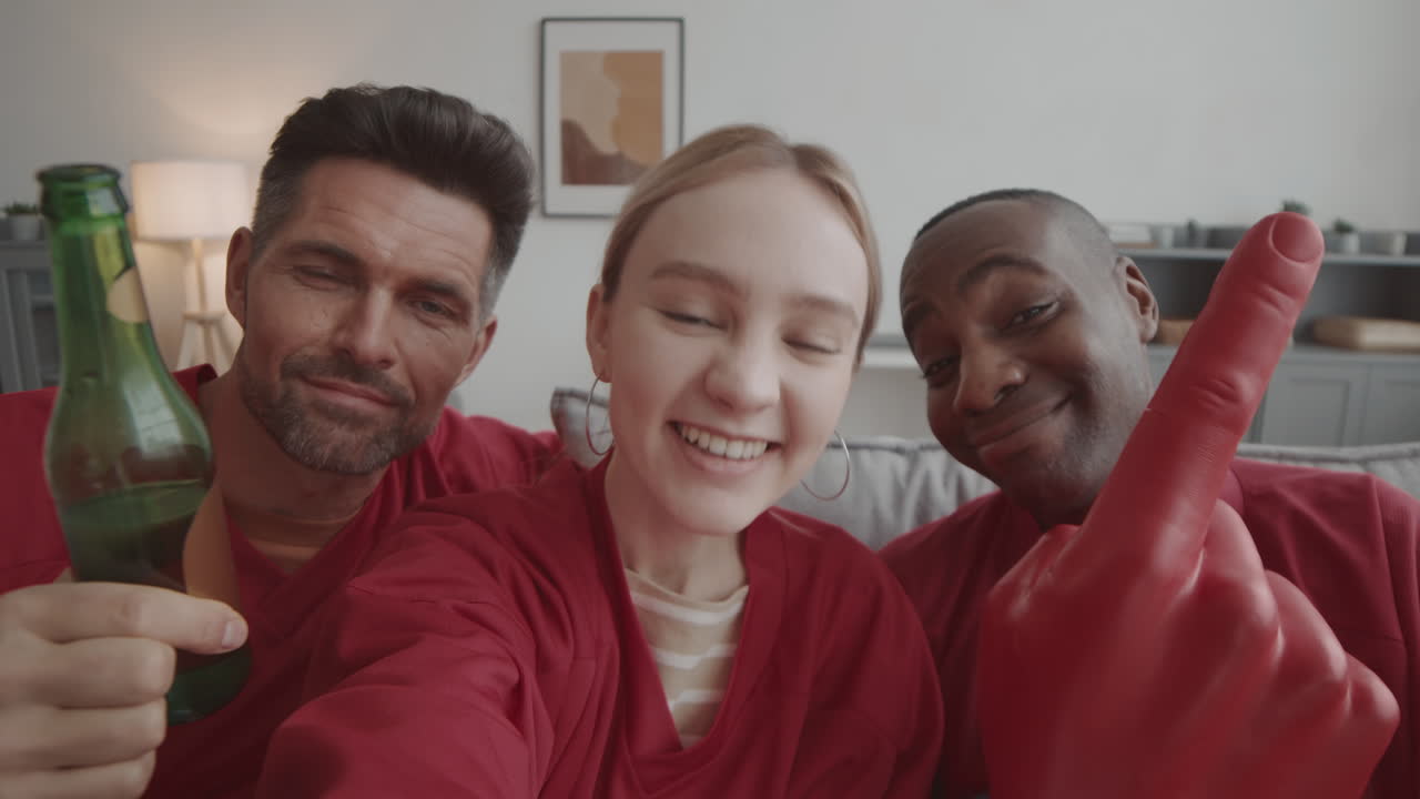 Happy Woman Filming Selfie with Friends
