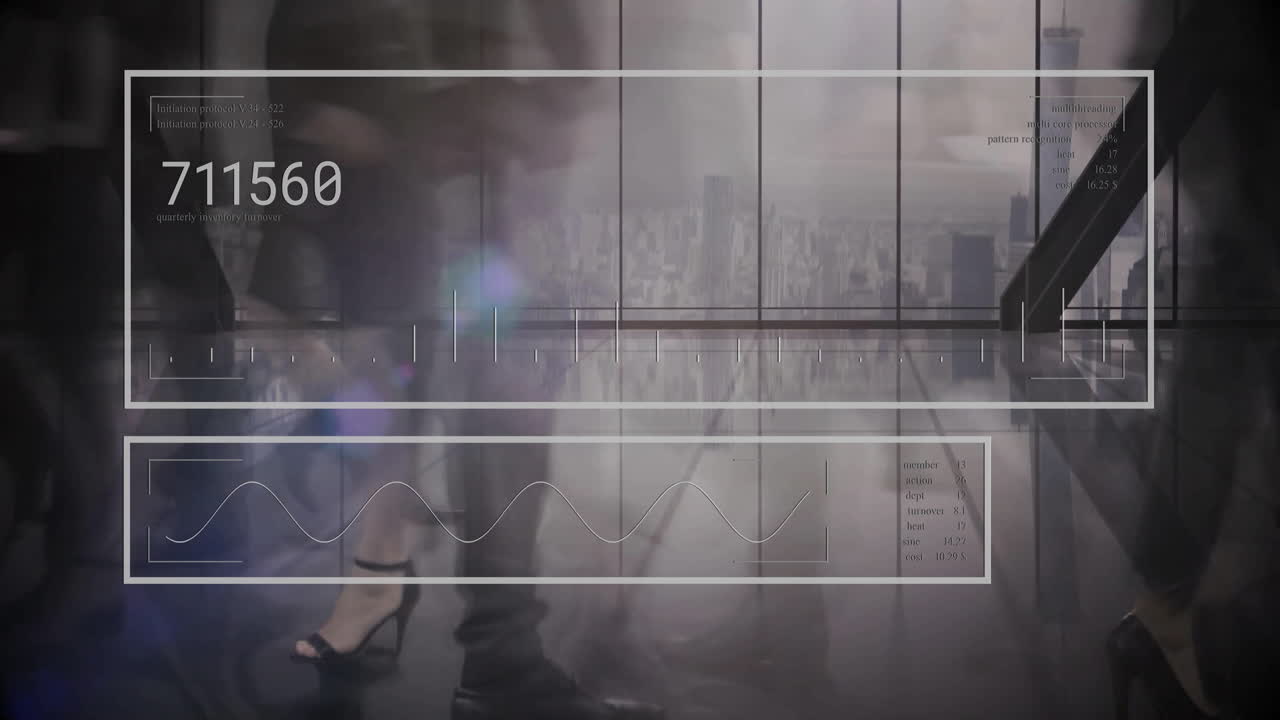 animación del procesamiento de datos financieros sobre personas de negocios caminando en la oficina