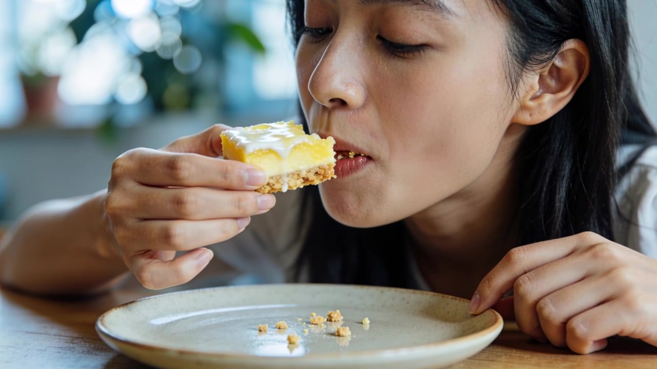 Picking up square dessert from ceramic plate at home, woman with dark hair biting, chewing, tasting
