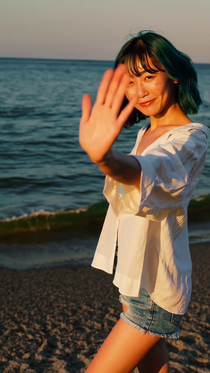 해가 지는 해변에 있는 여자