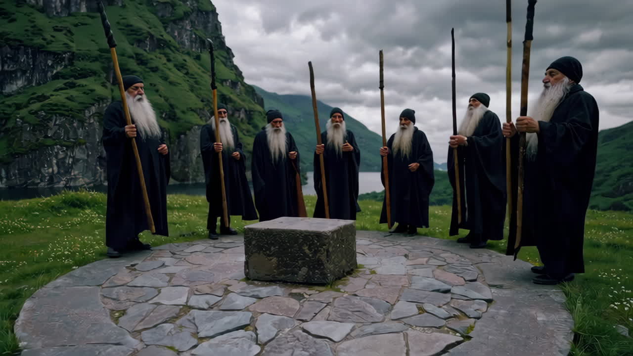 Monks in Ritual Gathering at a Mountaintop Location