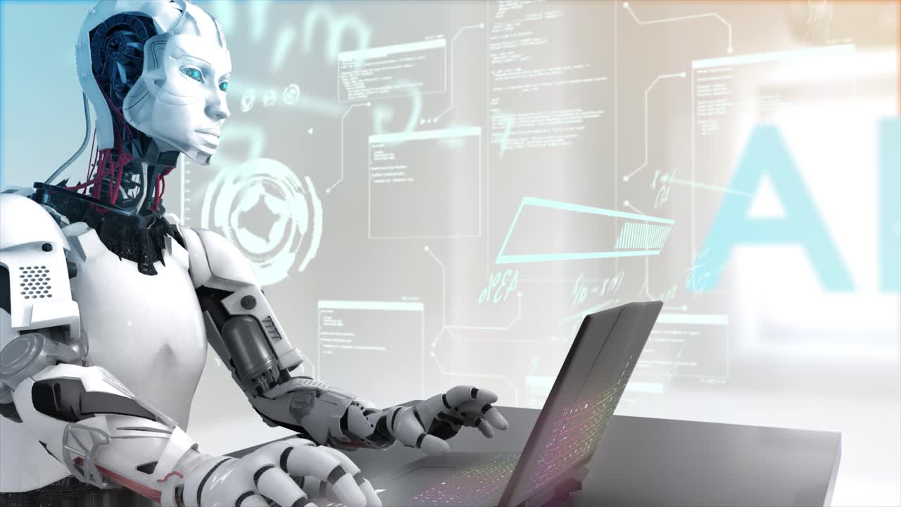 High quality CGI pullback shot of an Artificial Intelligence humaniod robot at a laptop computer in a virtual AI environment with data and equations floating around him - orange and teal color scheme