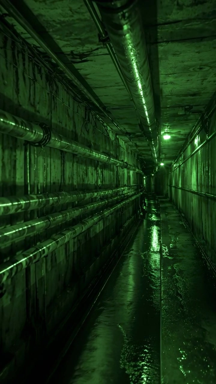 Tunnel interior reveals damp reflective flooring, side walls and overhead lights while viewpoint advances through narrow corridor, emphasizing depth, repeating structures and green toned atmosphere.