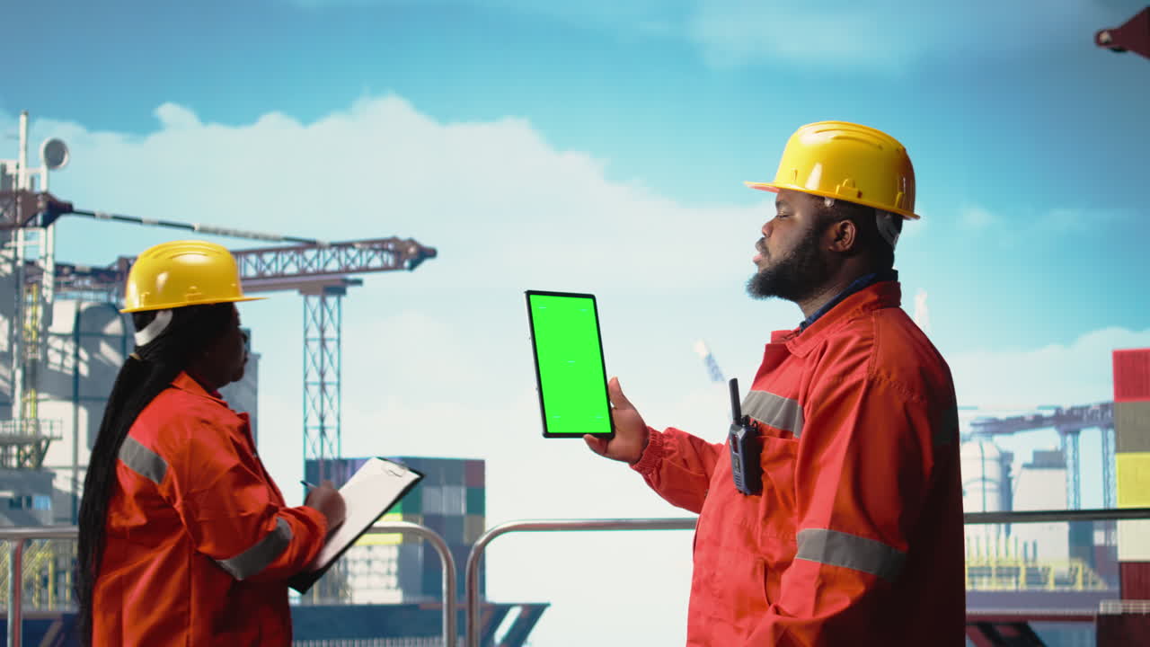Vertical video Green screen tablet used by energy production company expert