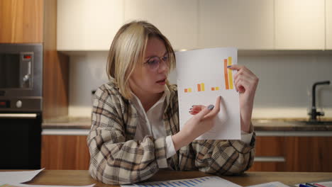 Look-at-the-camera-woman-with-glasses-at-home-shows-a-graph-to-a-web-camera-while-sitting-at-home-in-the-kitchen.-Home-office-remote-work.-Video-call-and-conference-with-graphs-and-tables.