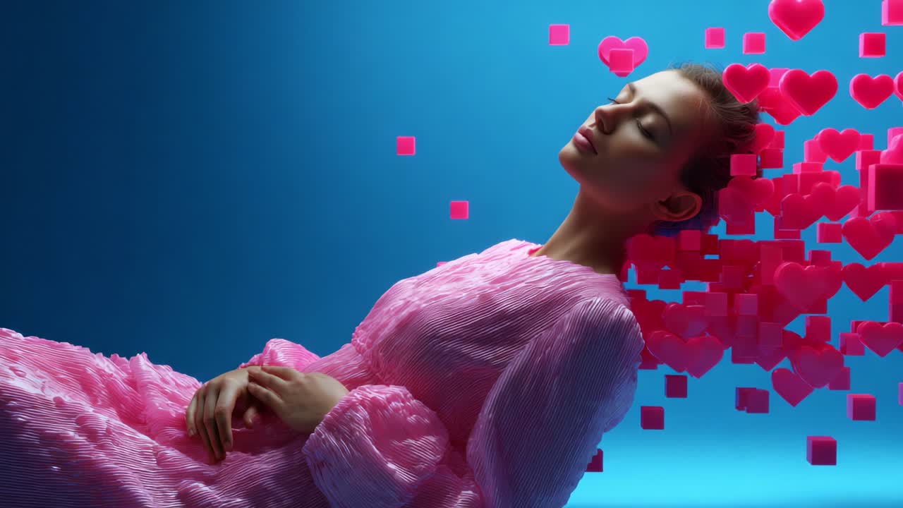 A serene figure in a pink textured dress with a dreamy expression, surrounded by floating hearts and colorful cubes, evokes a sense of love and tranquility in a vibrant, artistic setting