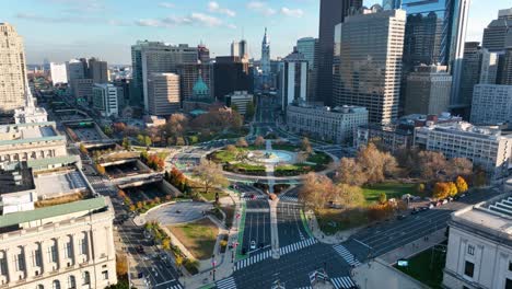 Aerial-approach-Logan-Circle-and-City-Hall-in-downtown-Philadelphia