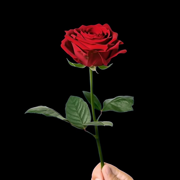 Mano che tiene una rosa rossa su sfondo nero