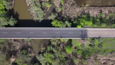 lateral drone flight with top-down view of a bridge over a muddy river. the road remains centered as vehicles cross. riparian trees surround the scene. shot in slow motion for cinematic effect.