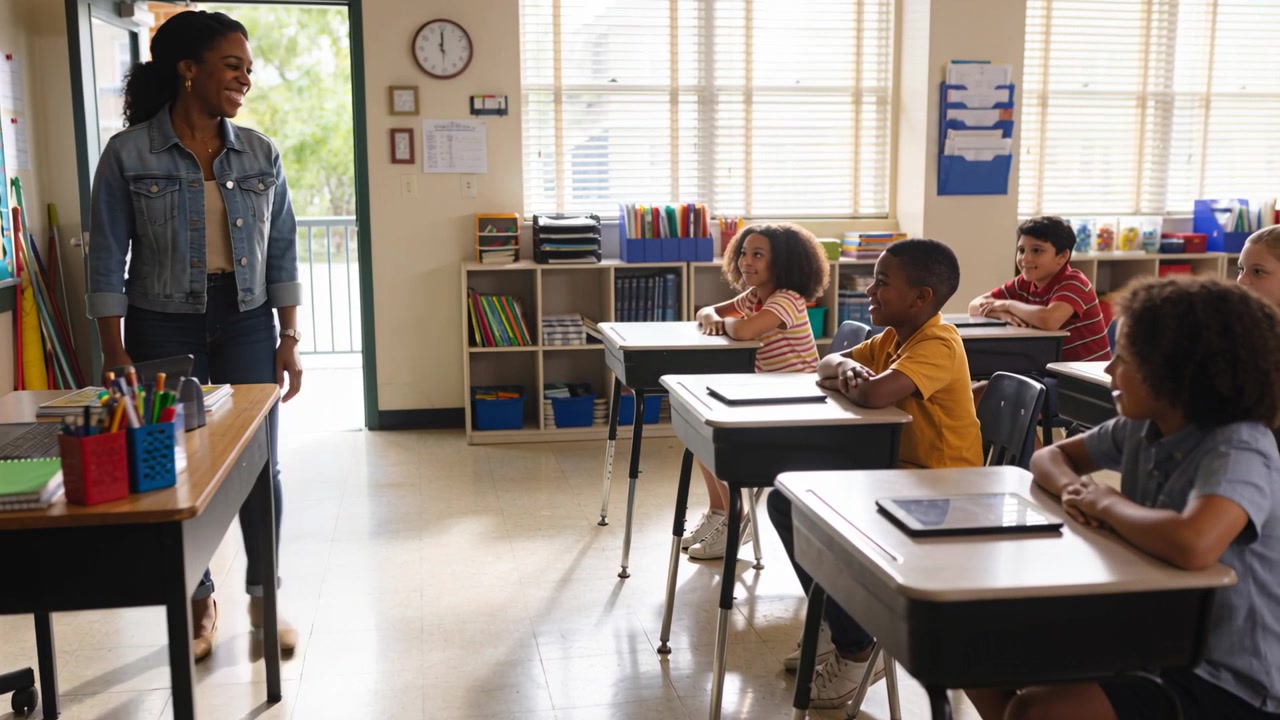 Door opening sending teacher in denim to front of class, engaging students with tablets, copy space
