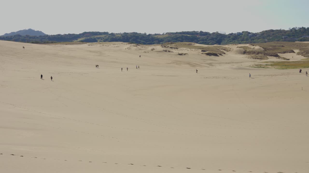 dunas de arena de tottori, pan a través del único desierto de japón en un día cálido