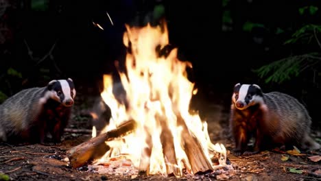 a cozy encounter: two badgers gather around a warm campfire, illuminated by the dancing flames in a serene forest setting