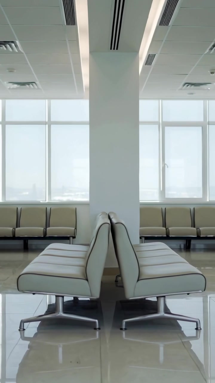 Video verticale: Telecamera che scansiona e mostra sedili vuoti e una colonna in una lounge con riflessi dalle finestre