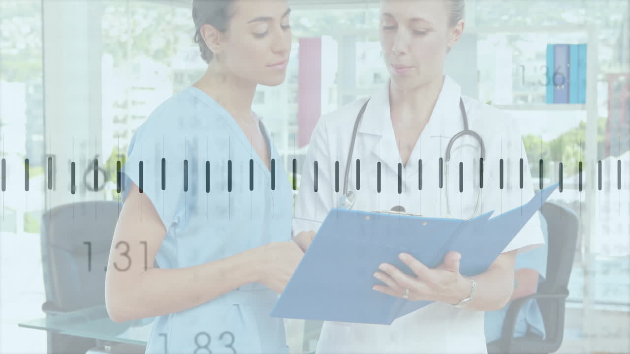 Two female medical professionals examining blue clipboard in clinic, showing animated data bars