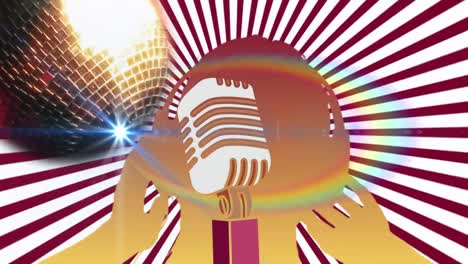 Microphone-against-disco-ball-and-silhouette-of-woman-dancing