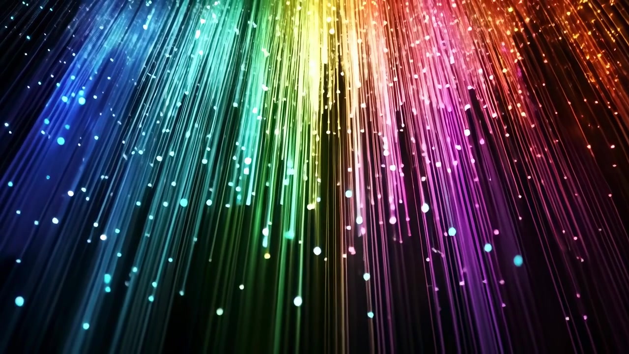 Sfondo astratto di fili di fibra ottica luminosi con colori arcobaleno
