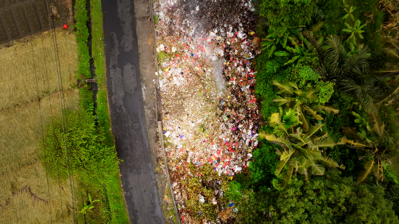 una pila de basura en llamas junto a la exuberante vegetación del campo en bali