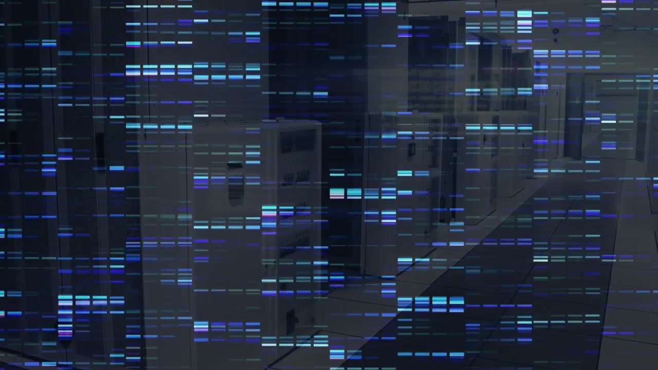 On start animated data-code overlay floating across server corridor showing continuous data flow
