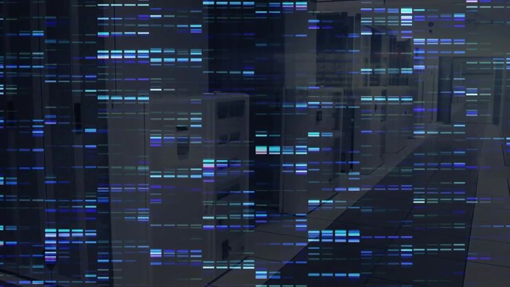 On start animated data-code overlay floating across server corridor showing continuous data flow
