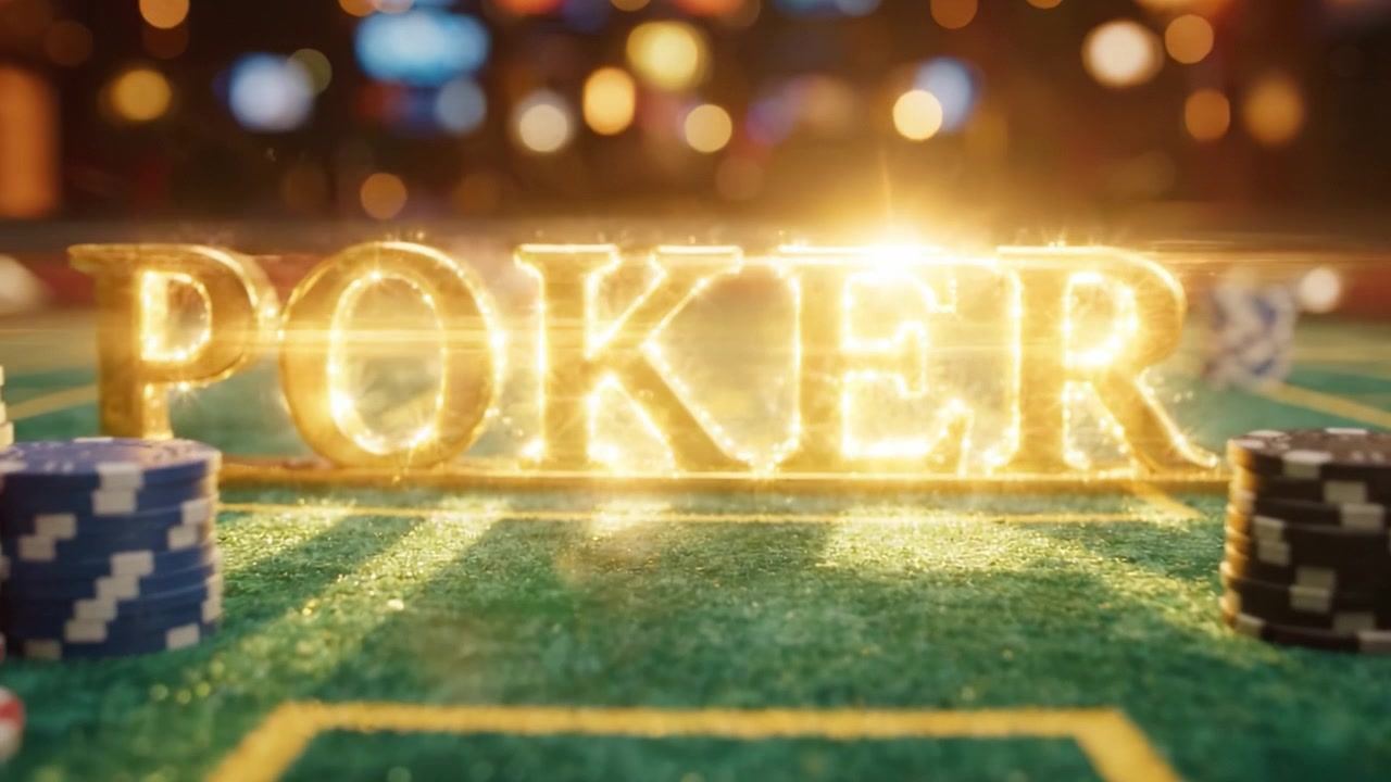 Et nærbilde av et pokerbord med fargerike sjetonger og et skinnende 'Poker'-skilt, som perfekt fanger spenningen ved kortspill i et kasinomiljø