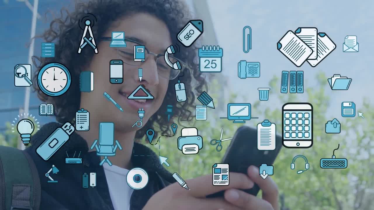 animación de iconos de negocios sobre hombre biracial usando teléfono inteligente.