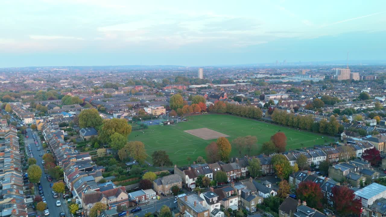 Drone shot Haydons Road Recreation Ground open green park for sports in Wimbledon, London