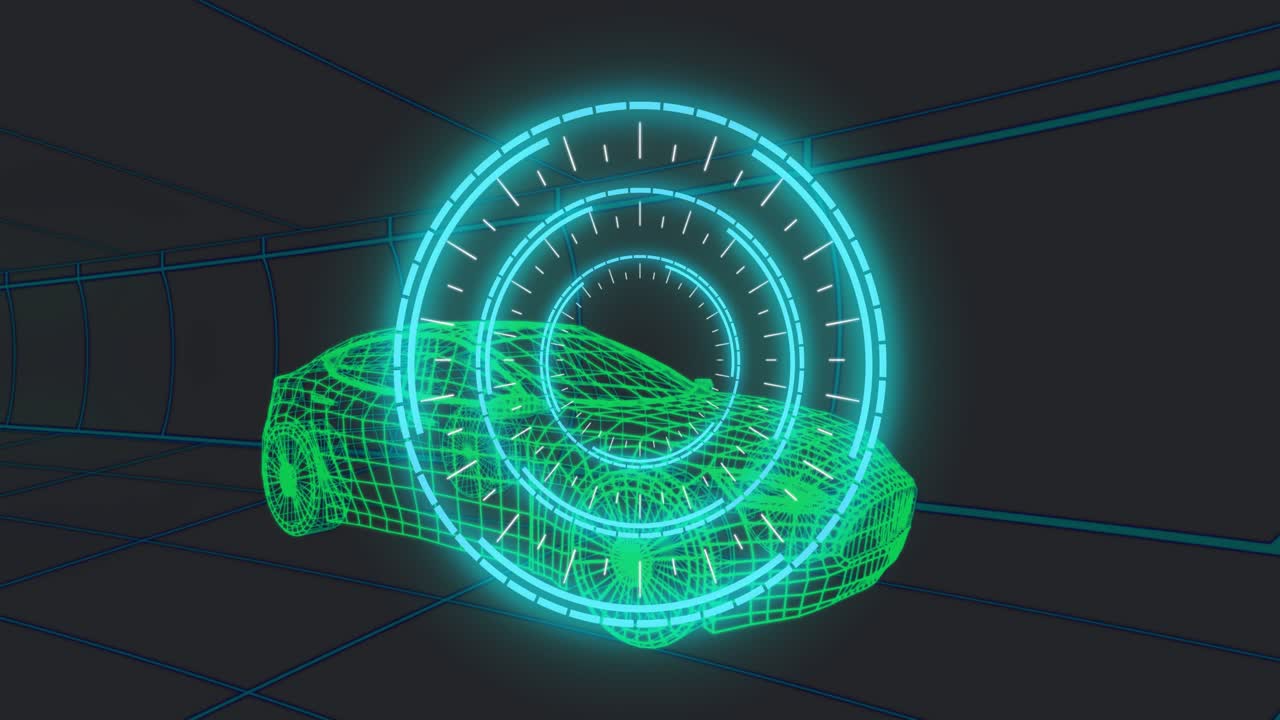 Cyan hologram ring activating, rotating and pulsing in front of green mesh car for diagnostic scan