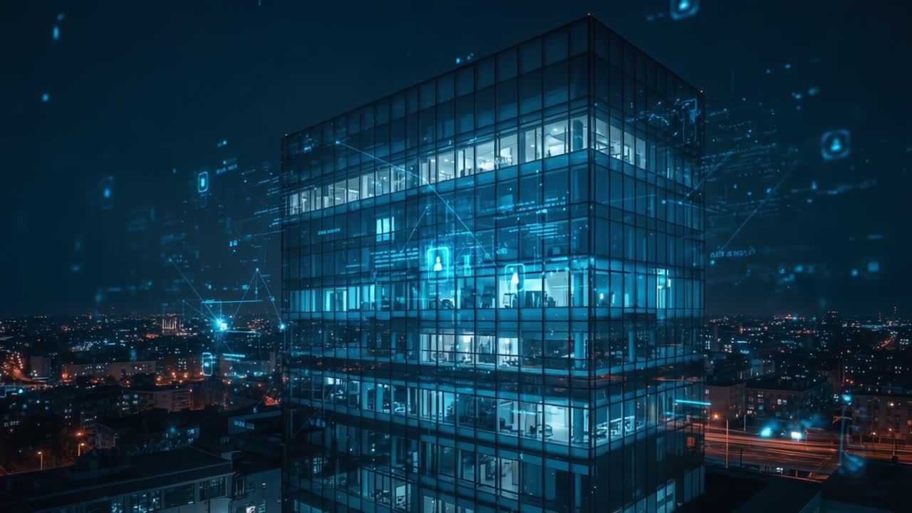 A Modern Futuristic Office Building Illuminated by Digital Technology and Data Connections in a Nighttime Cityscape, Showcasing Innovation and Connectivity
