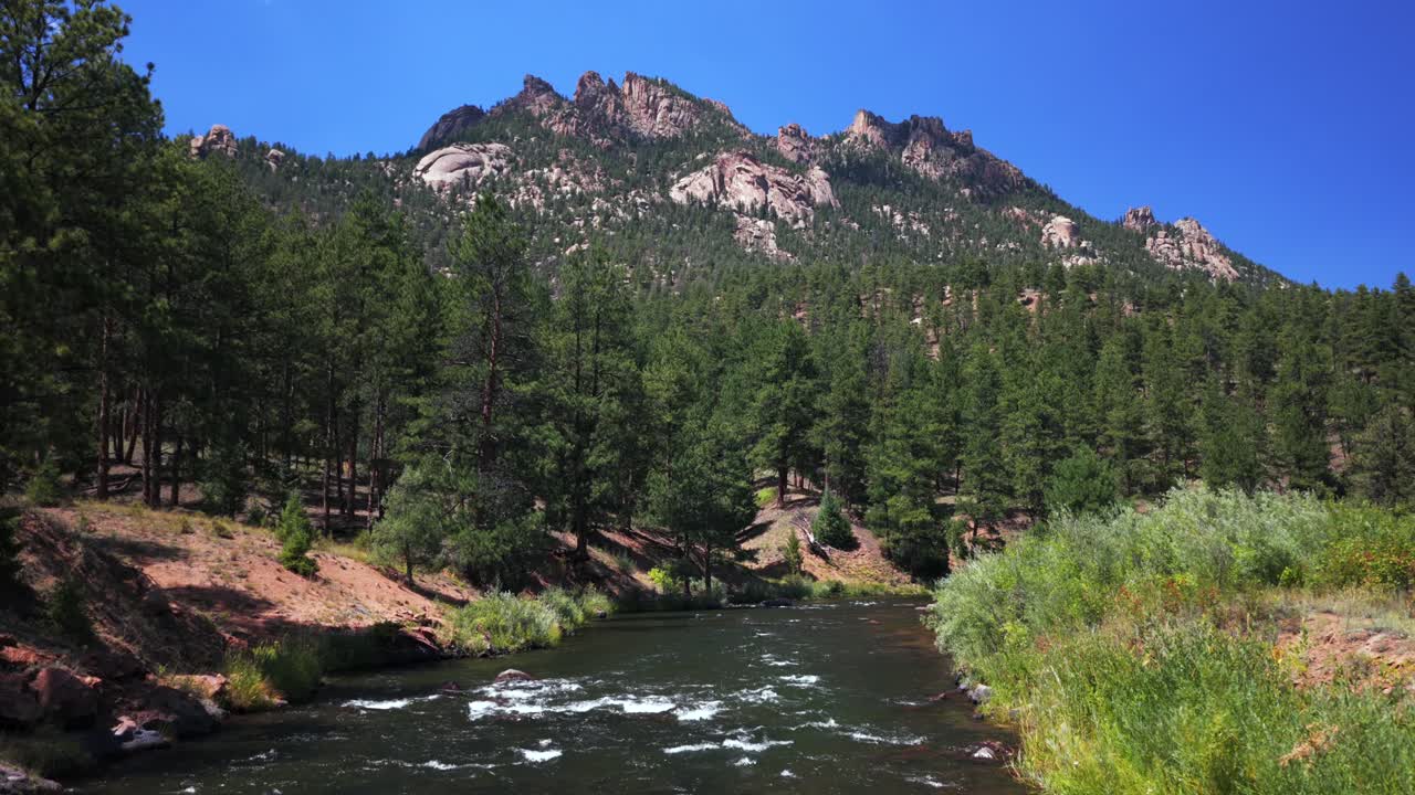 Summer Deckers Foxton North Fork South Platte River Conifer Pine Colorado Trail aerial drone Pike National Forest fly fishing destination Buffalo Creek Platte Canyon morning sunny blue sky forward pan
