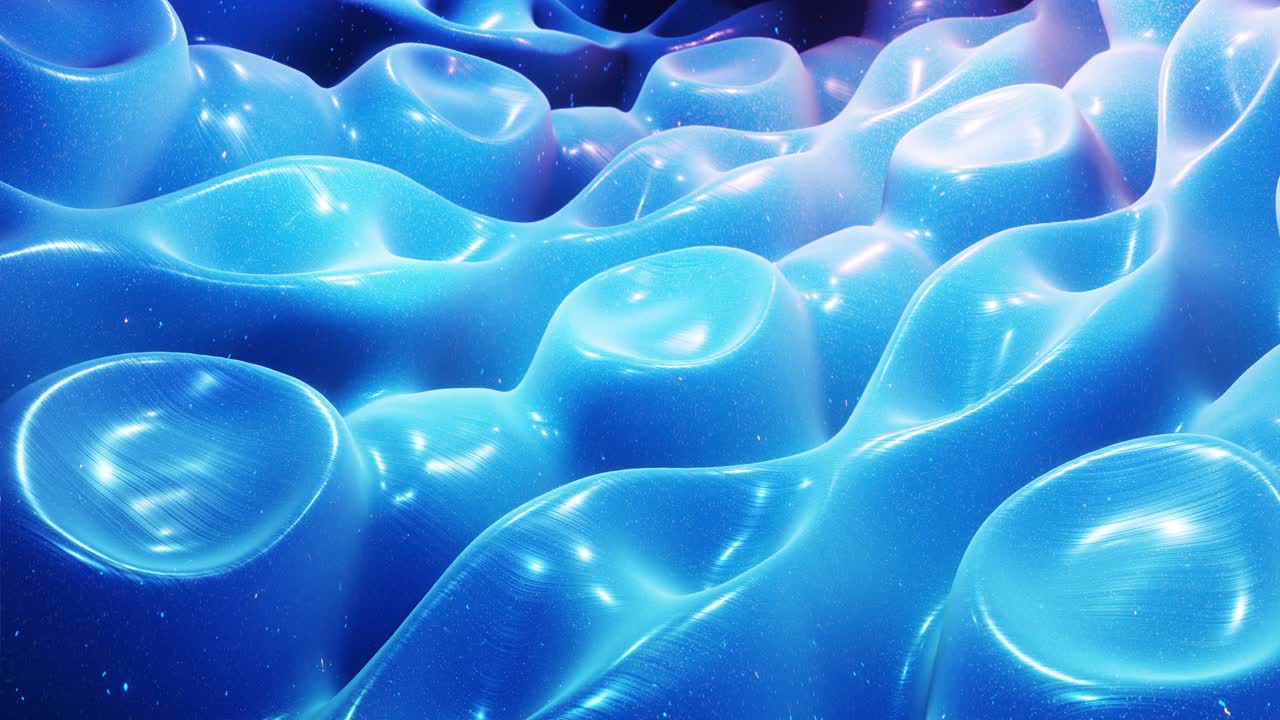 Stylish abstract blue surface as fantastical festive bg. Looped background, waves move on glossy surface like landscape made of liquid blue wax with sparkles. Beautiful soft bg with smooth animatin 4k