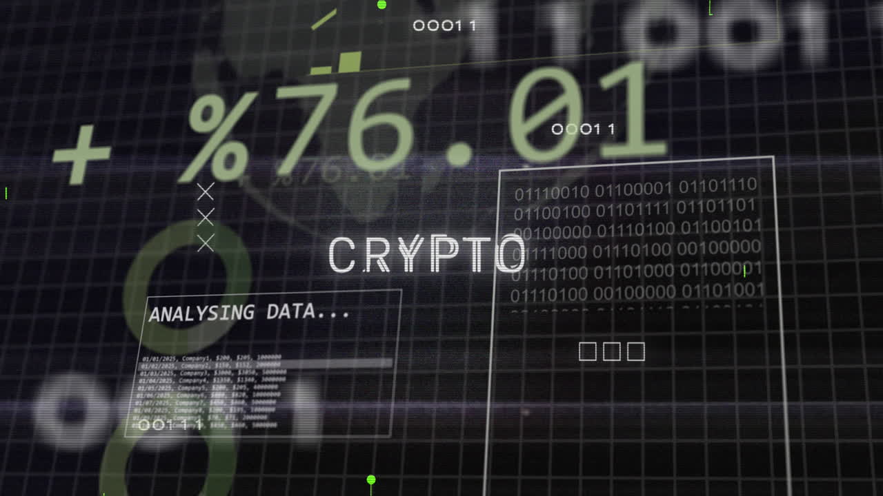 animación de texto criptográfico con códigos binarios, números cambiantes y globo sobre fondo negro