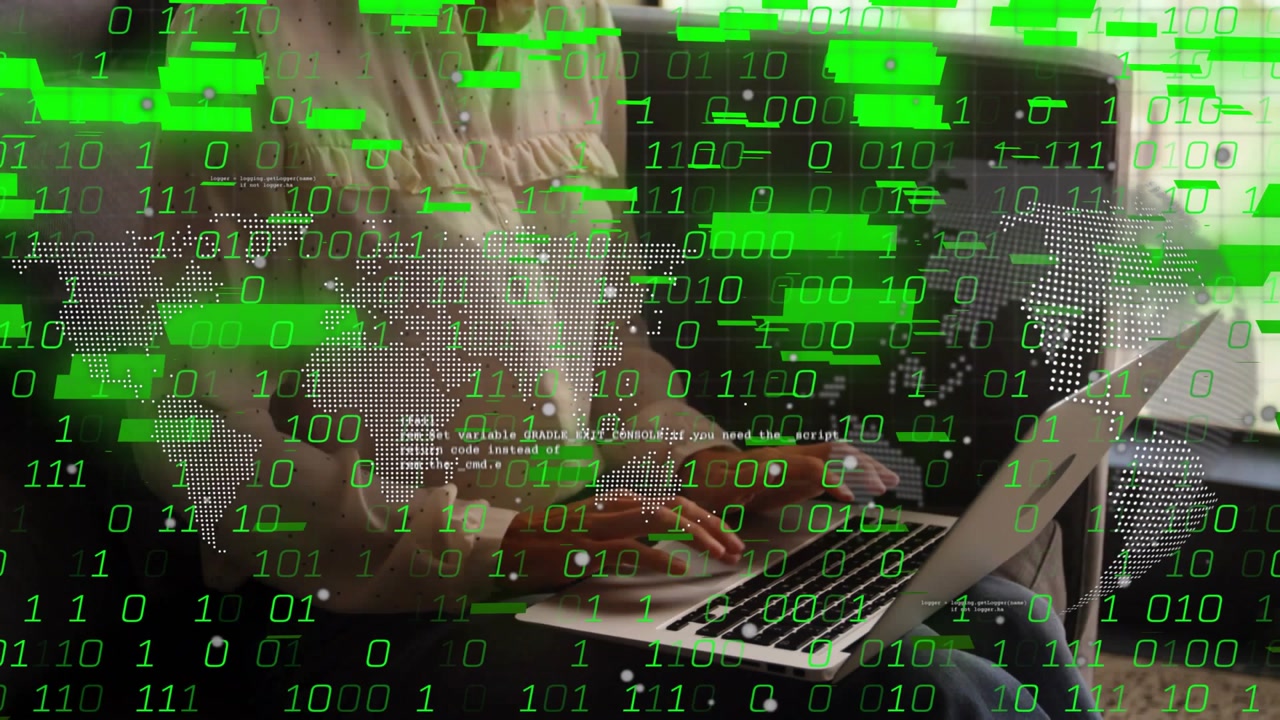 Woman typing on laptop near window, hands causing animated world map and binary flow for tech