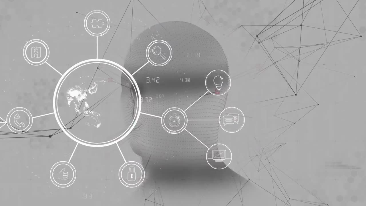 디지털 인터페이스 아이콘 네트워크로 인간의 머리가 회전하는 애니메이션