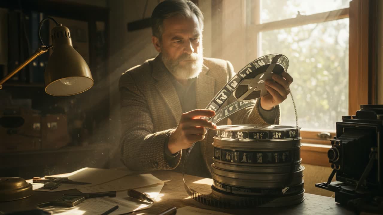A Dedicated Archivist Examines Vintage Film Reels in a Sunlit Room, Preserving the Essence of Cinematic History and Crafting Their Timeless Stories
