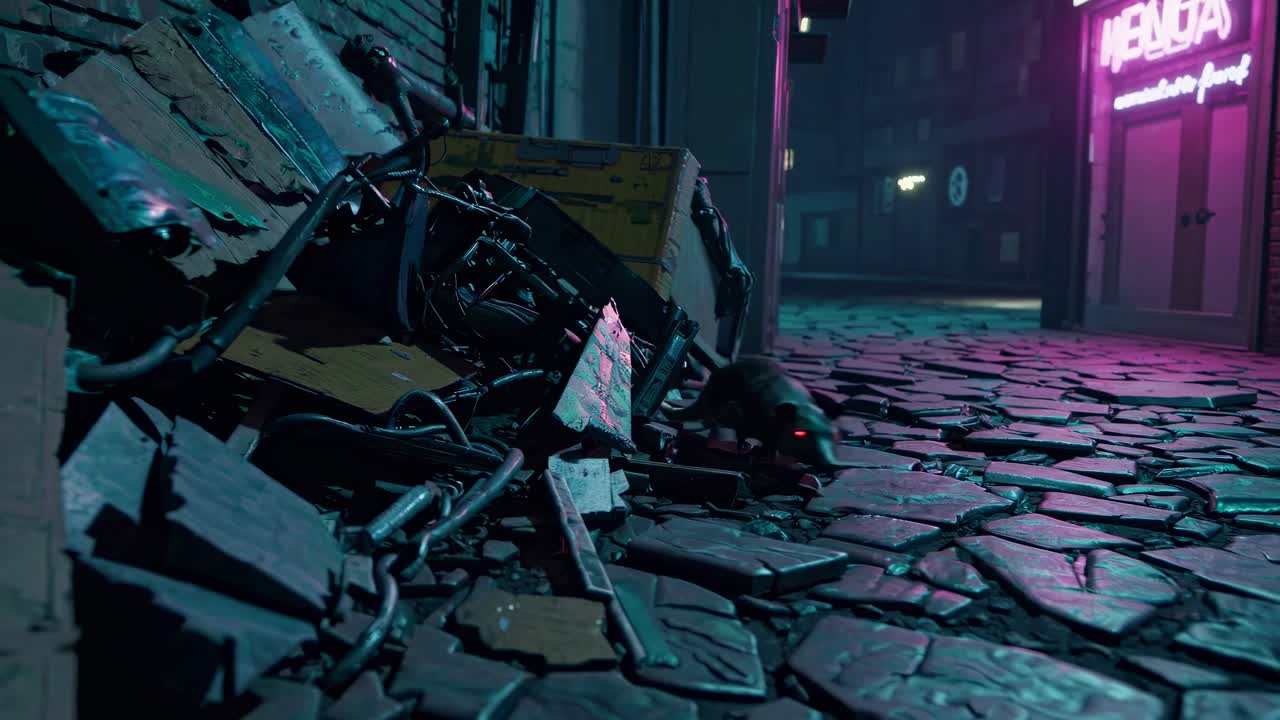 rata cyberpunk en un callejón nocturno