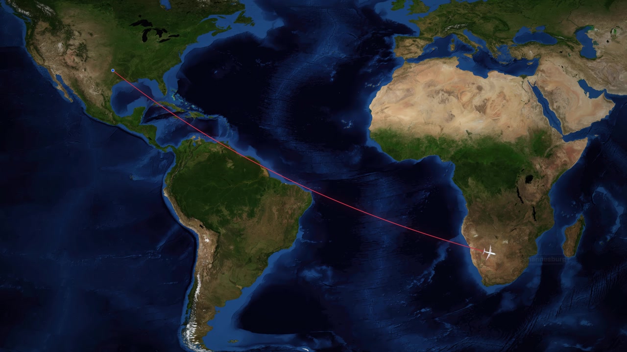 Animated plane follows red path from Dallas to Johannesburg across satellite world map background
