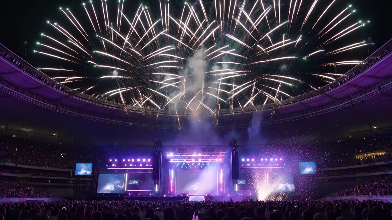 เตรียมพร้อมสำหรับการแสดงสุดท้าย เวทีหลักปล่อยพลุไฟเหนือหลังคาและประกายไฟบนพื้นในสนามกีฬา ฝูงชนกำลังถ่ายภาพ/วิดีโอ