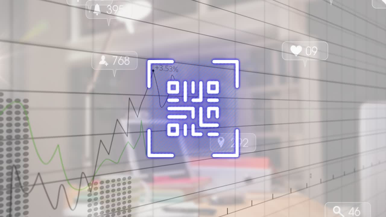 This video shows a qr code flickering on a glowing blue and white background